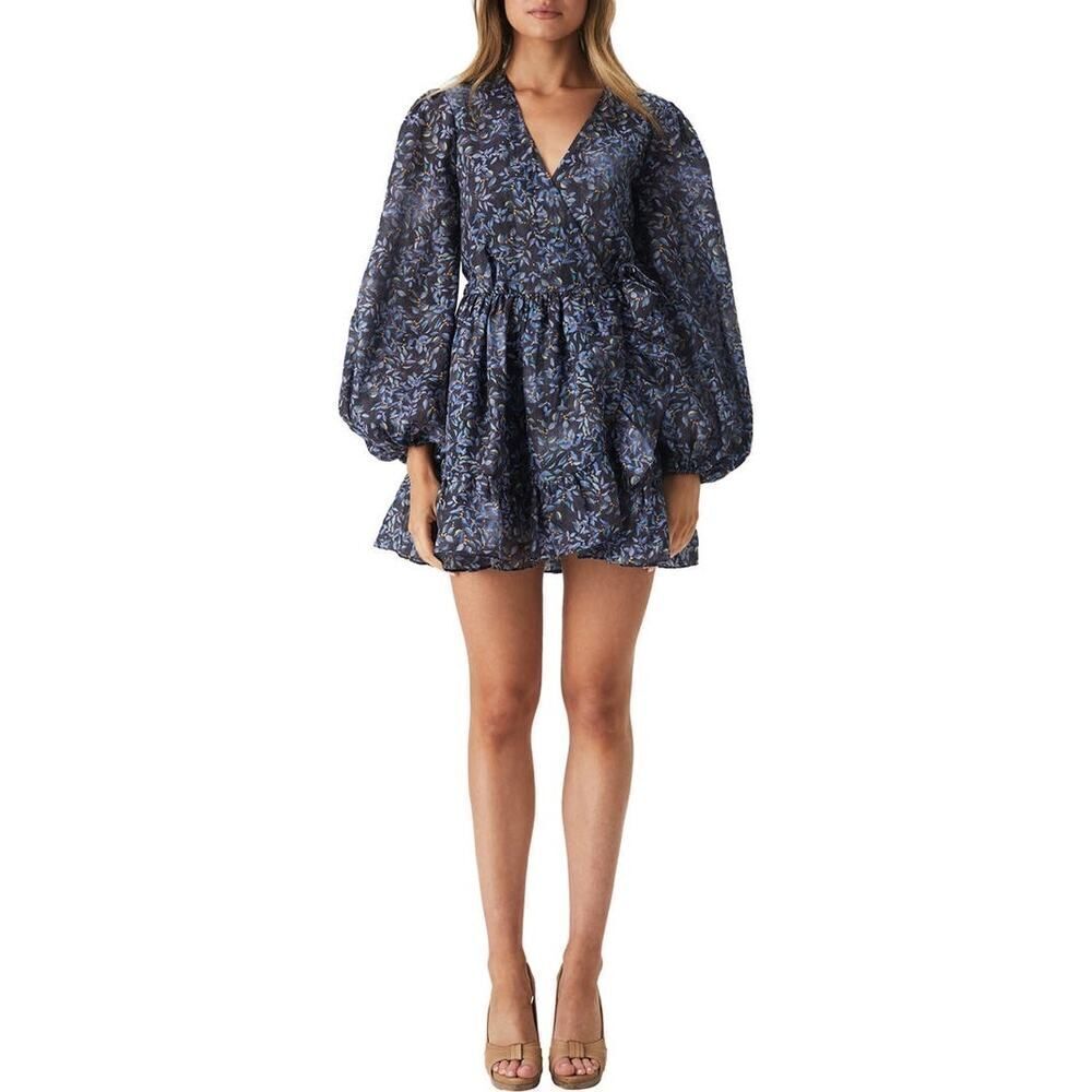 Bardot Kiera Floral Long Sleeve Wrap Minidress Women's 10 Black Blue NWT